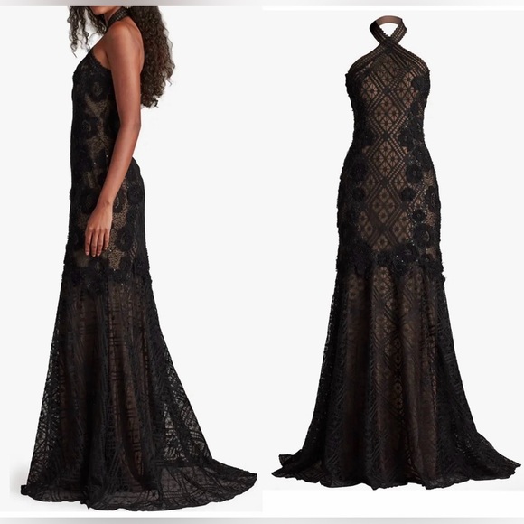 NEW Tadashi Shoji Lakota Embroidered Halter Black Gown    Sz 10 - Picture 2 of 7